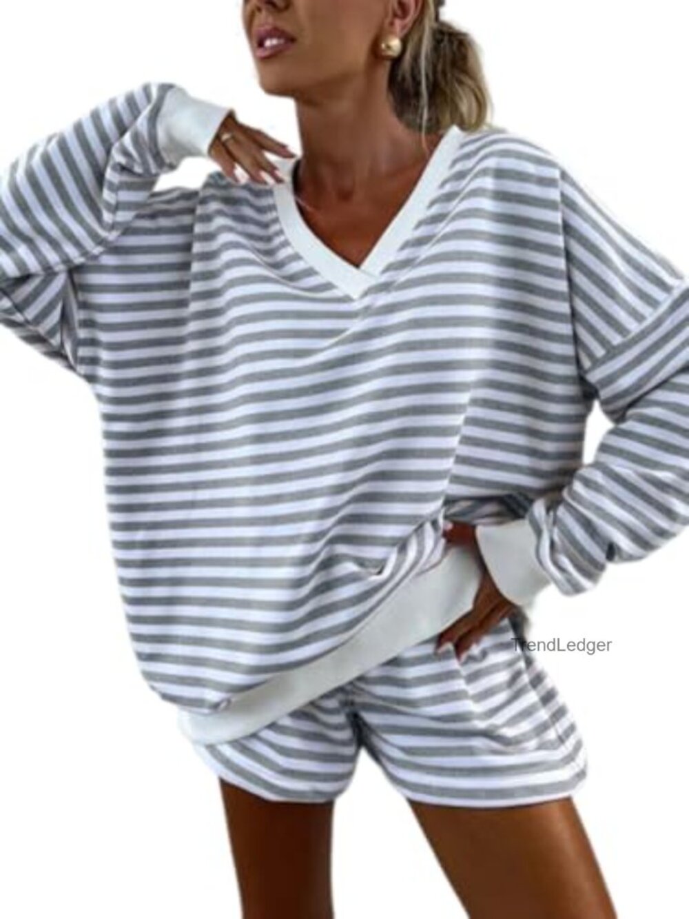 Women 2 Piece Lounge Set Striped Long Sleeve V Neck Sweatshirt & Shorts